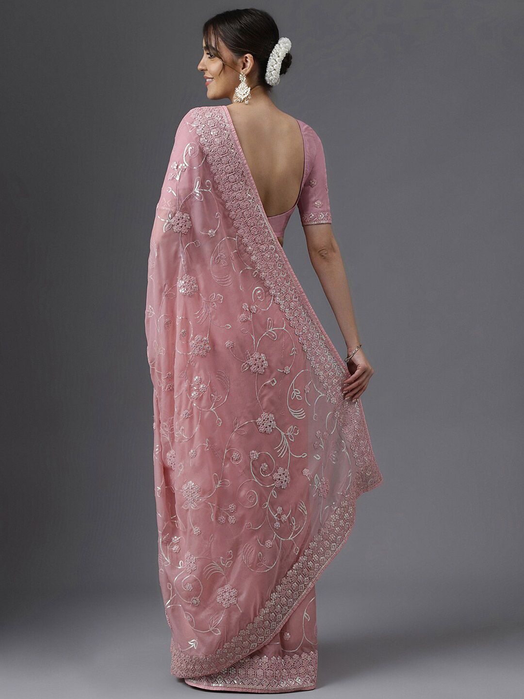 kasee Floral Embroidered Sequinned Organza Saree