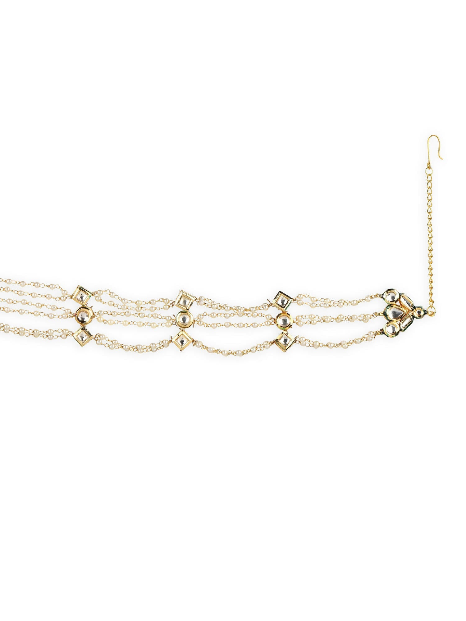 Gold-Plated White Kundan-Studded Pearl Head Chains - Ruby Raang - Grab2buy