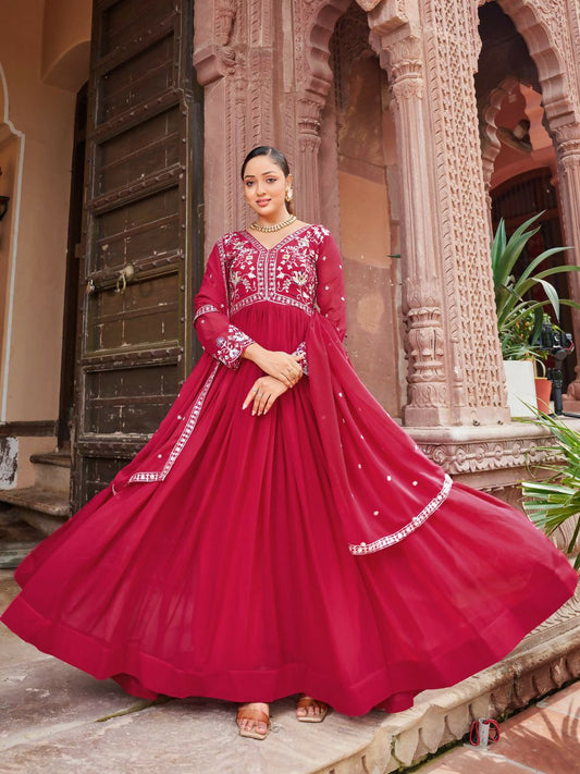 Joban Fashion Red Readymade Kurta Set With Sequence embroidery Work