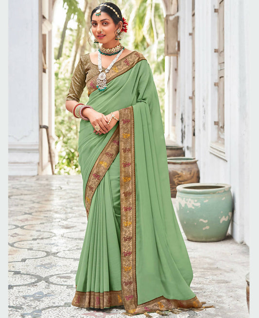 Green Vichitra Solid Saree With Unstitched Blouse Piece - Juhi