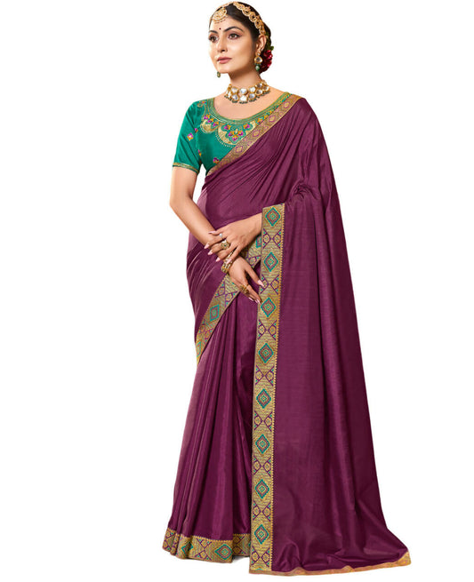 Purple Solid Vichitra Saree With Unstitched Blouse Piece - Selena
