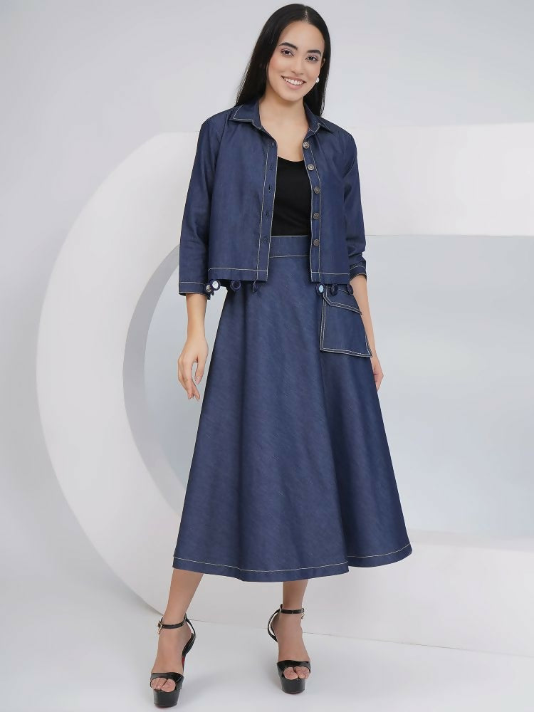 Joban Fashion Black Cotton Denim A Line Skirt With Inner And Jacket