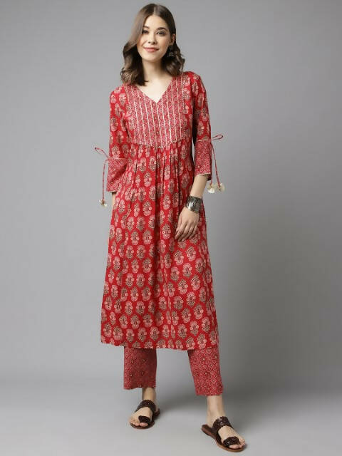 FIORRA Women's Red Cotton A-Line Kurta Set 