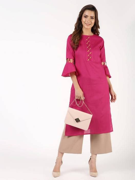 Aniyah Cotton Criss Cross Bell Sleeves Magenta Straight Kurta (AN-144K) 