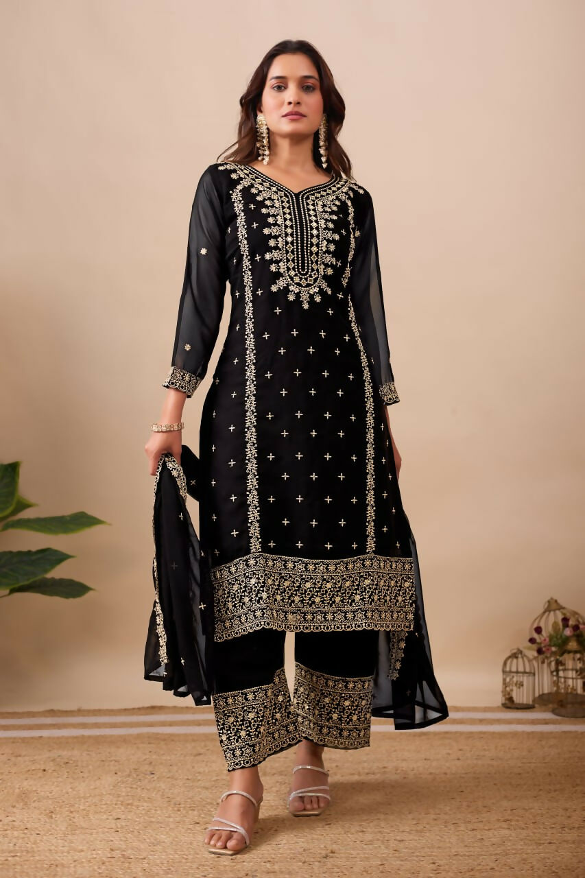 Joban Fashion Black Velvet Embroidery Sequence Work Readymade Kurta Set