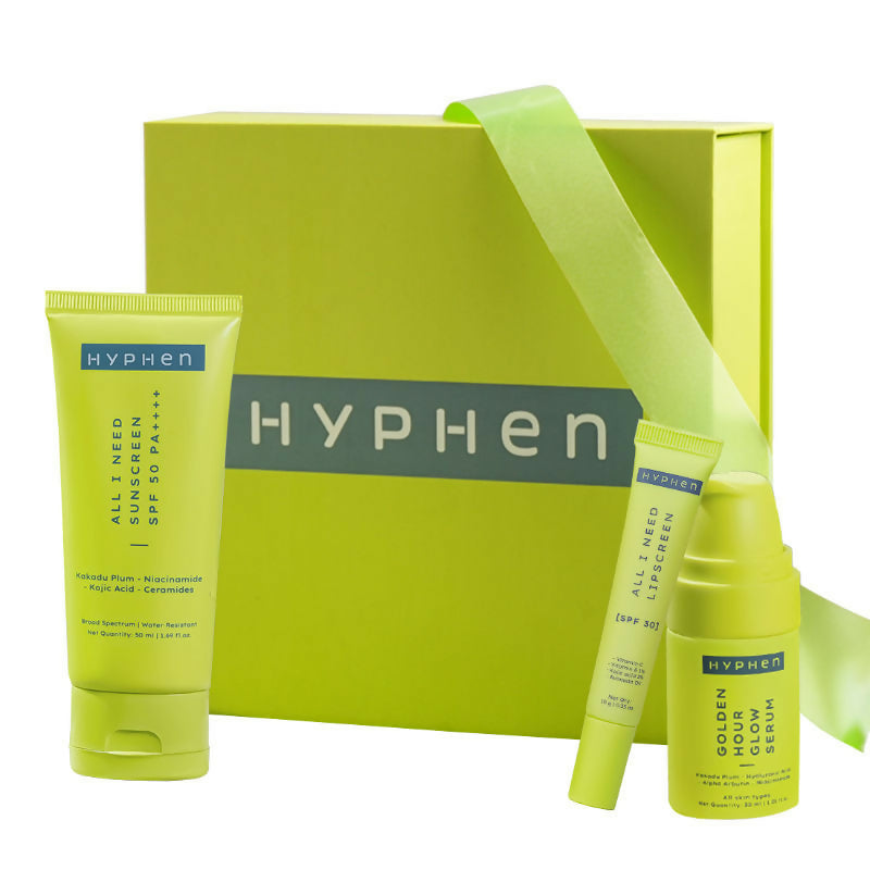 Hyphen By Kriti Sanon Daily Glow Essentials Gift Kit with Complete Skin Care Routine, with Face Serum, Moisturizing Sunscreen SPF & Lip Balm 