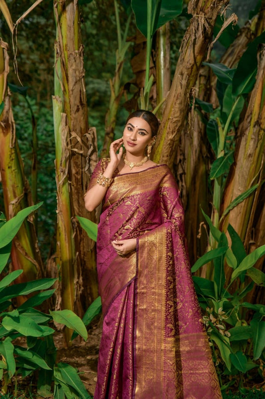 Aastha Fashion Women's Wine Kanchipuram Silk Zari Woven Saree with Blouse - Grab2buy