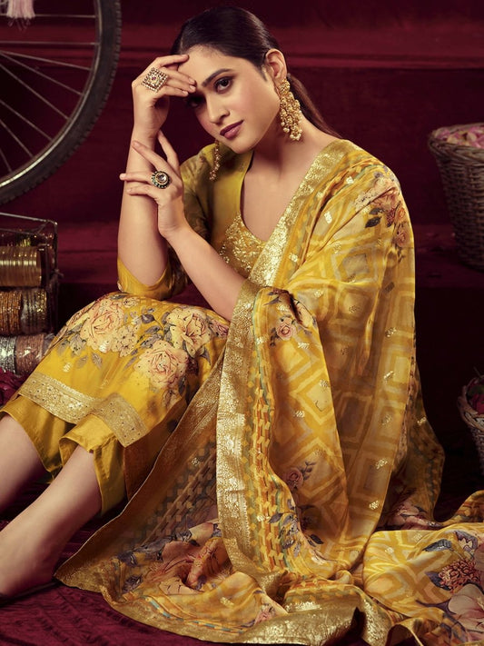 Aastha Fashion Women's Mustard Organza Jacquard Woven Kurta with Trouser & Dupatta - Grab2buy