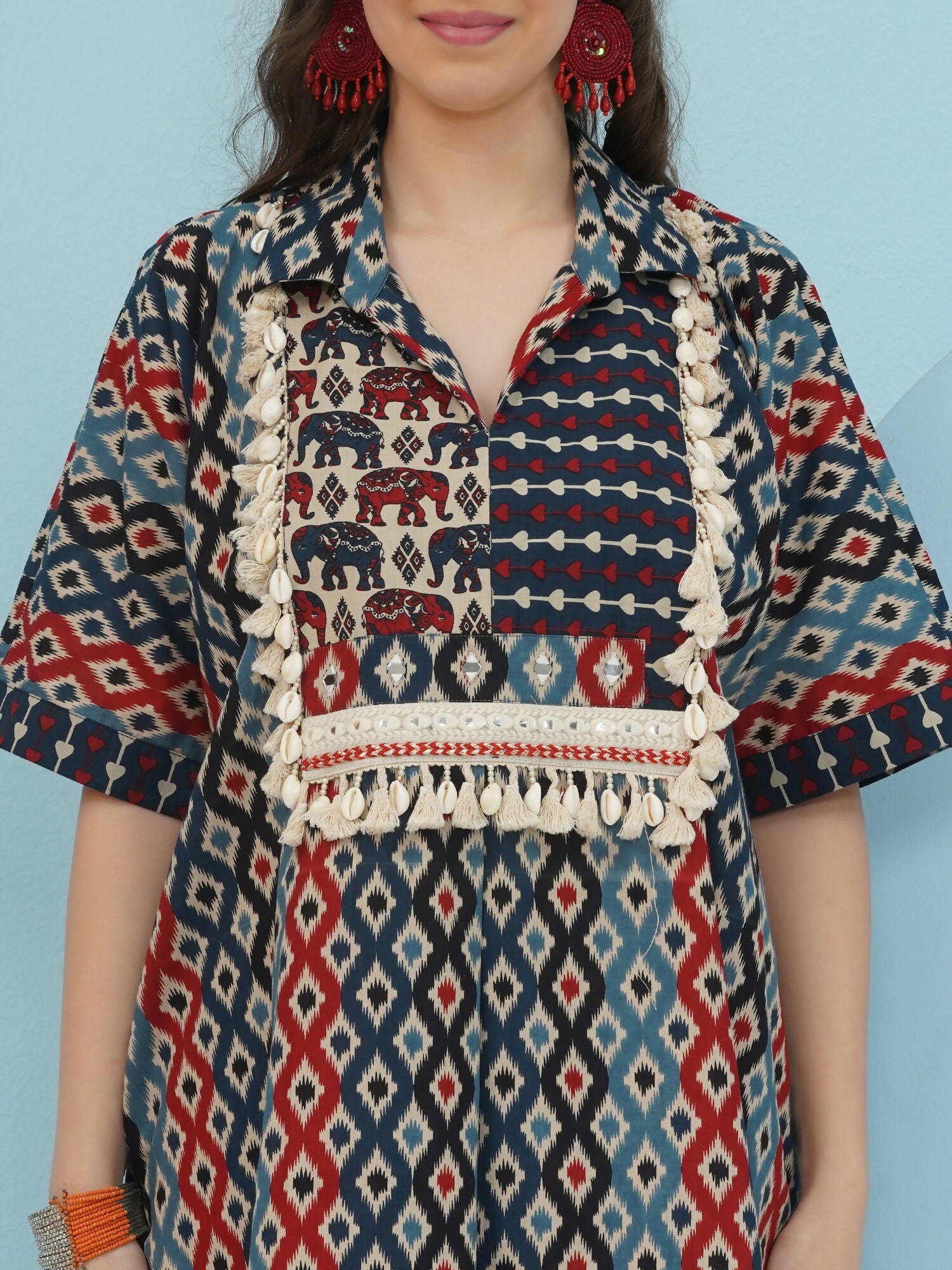 Joban Fashion Ikkat Kaftan Set - Blue Red