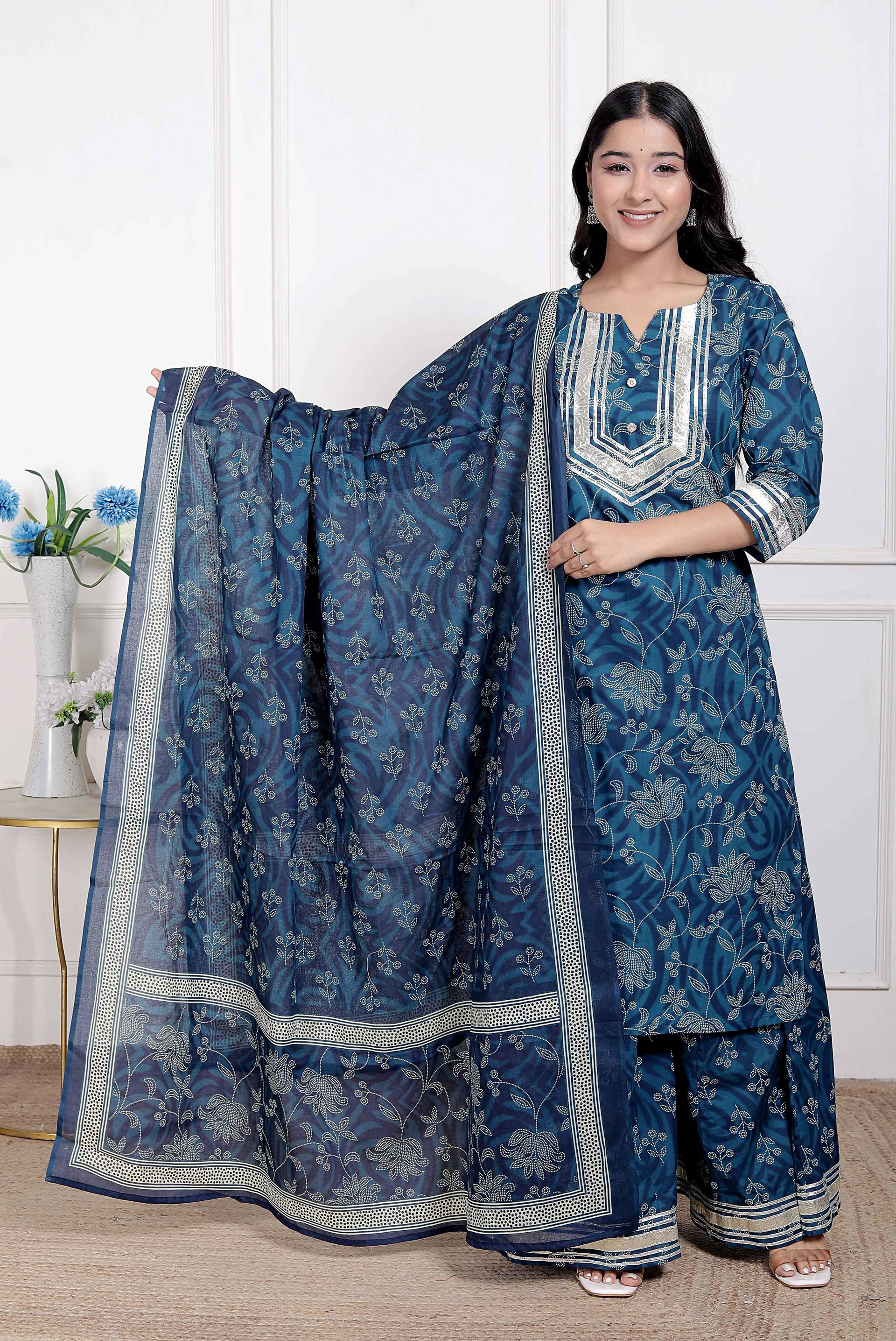 Miravan Women's Gota Patti Cotton Kurta Paired with Palazzo and Dupatta