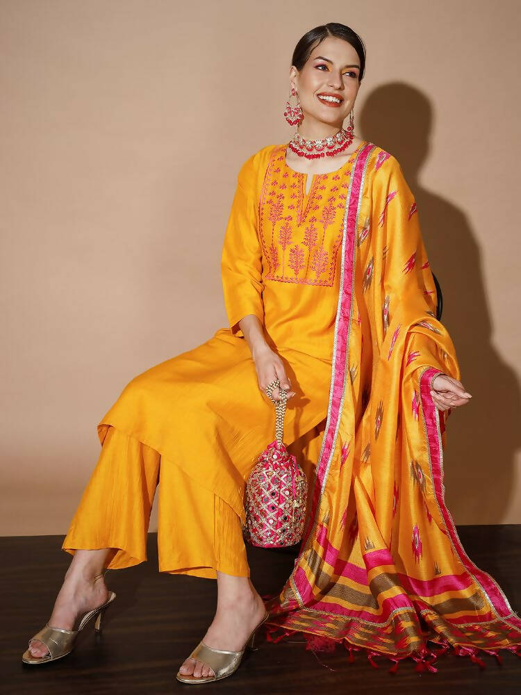 Myshka Women Mustard Solid Kurta & Palazzos With Dupatta