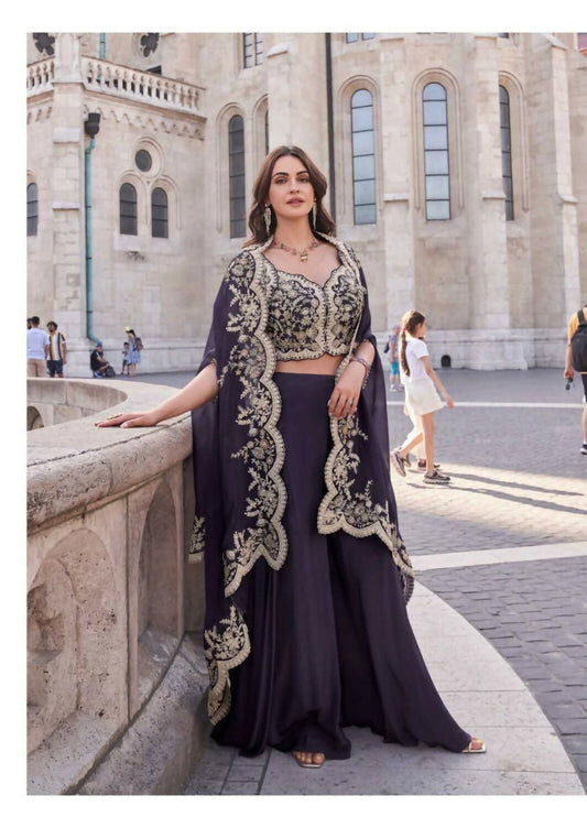Anaita Purple Real Premium Silk Stitched Shrug Suit with Embroidery Work