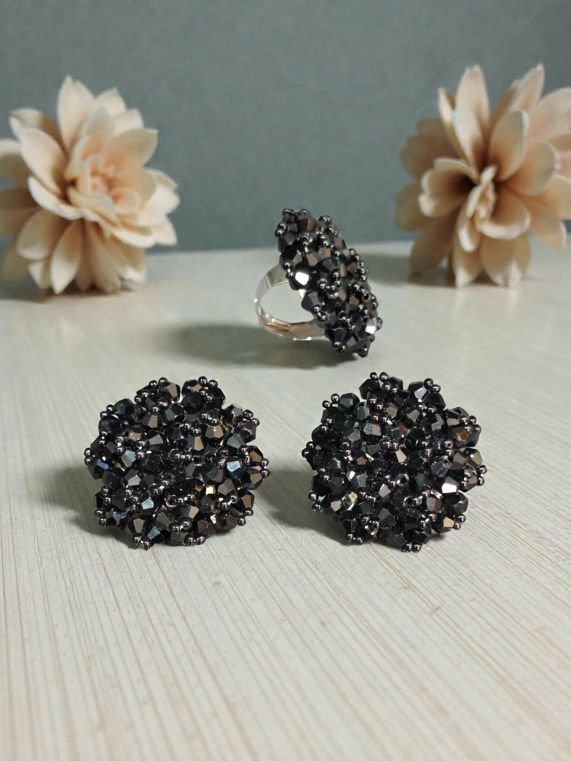 Inhanns Rangmani Crystal Duo – Adjustable Ring + Statement Earrings Set - Black
