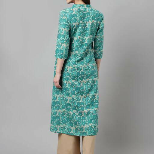 FIORRA Women's Floral Printed Teal Green Pure Cotton Straight Kurta 