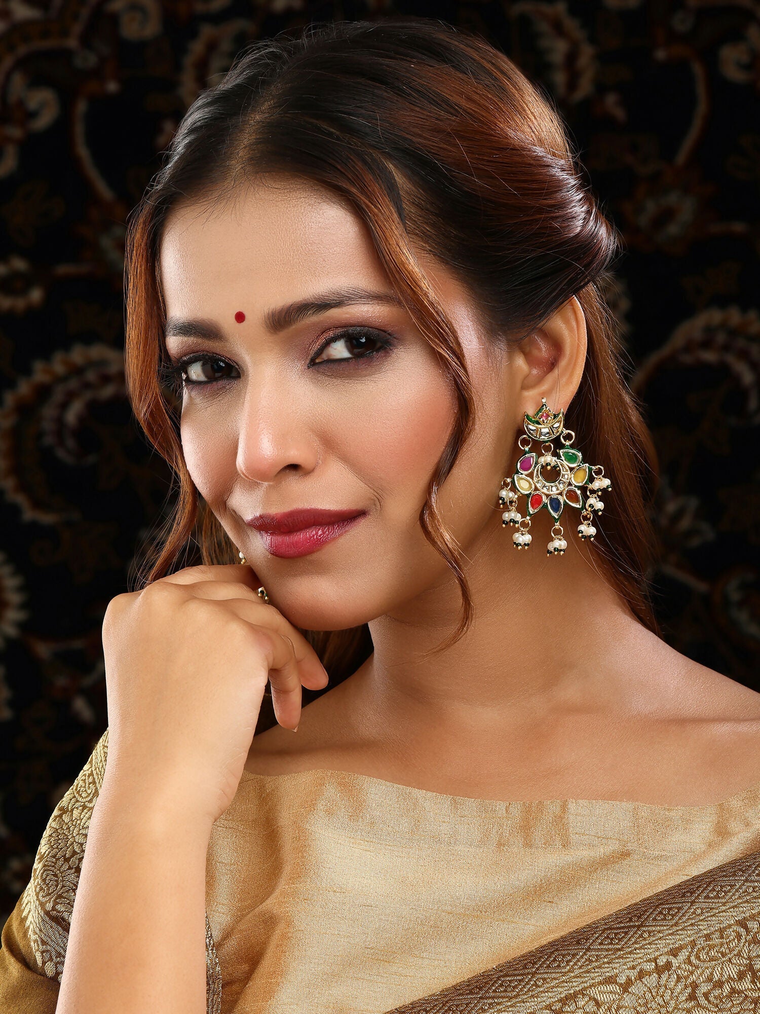 Ruby Raang Gold Polished Multi-Color Navratan Kundan Earrings | Swadesiicart
