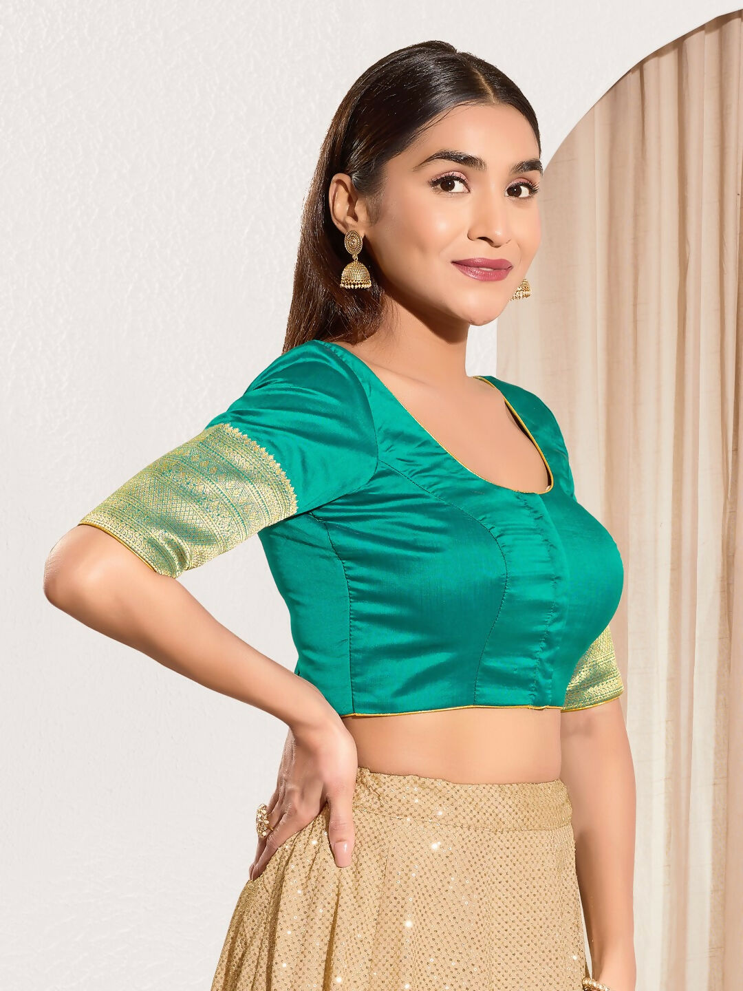 Joban Fashion Rama Green Taffeta Silk Padded Blouse With Round Neck Elbow Sleeves