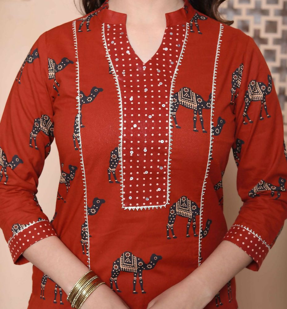 Miravan Womens Pure Cotton Animal Printed Straight Kurta With Palazzo & Dupatta Set