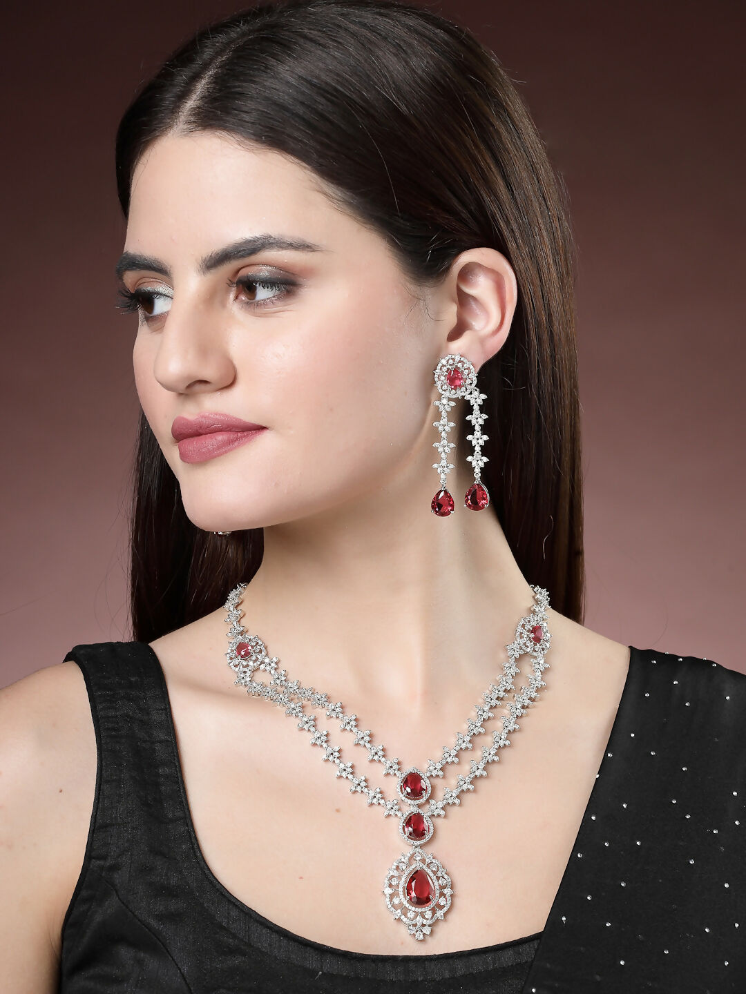 NVR Women's Silver-Plated Red CZ-Studded Handcrafted Jewellery Set - Grab2buy