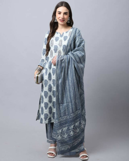 Aastha Fashion Women's Off White Cotton Jaipuri Printed Kurta with Trouser & Dupatta - Grab2buy