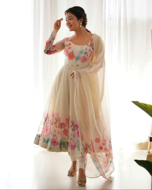 Joban Fashion Cream Kurta Set Organza Sequin Embroidery Work 