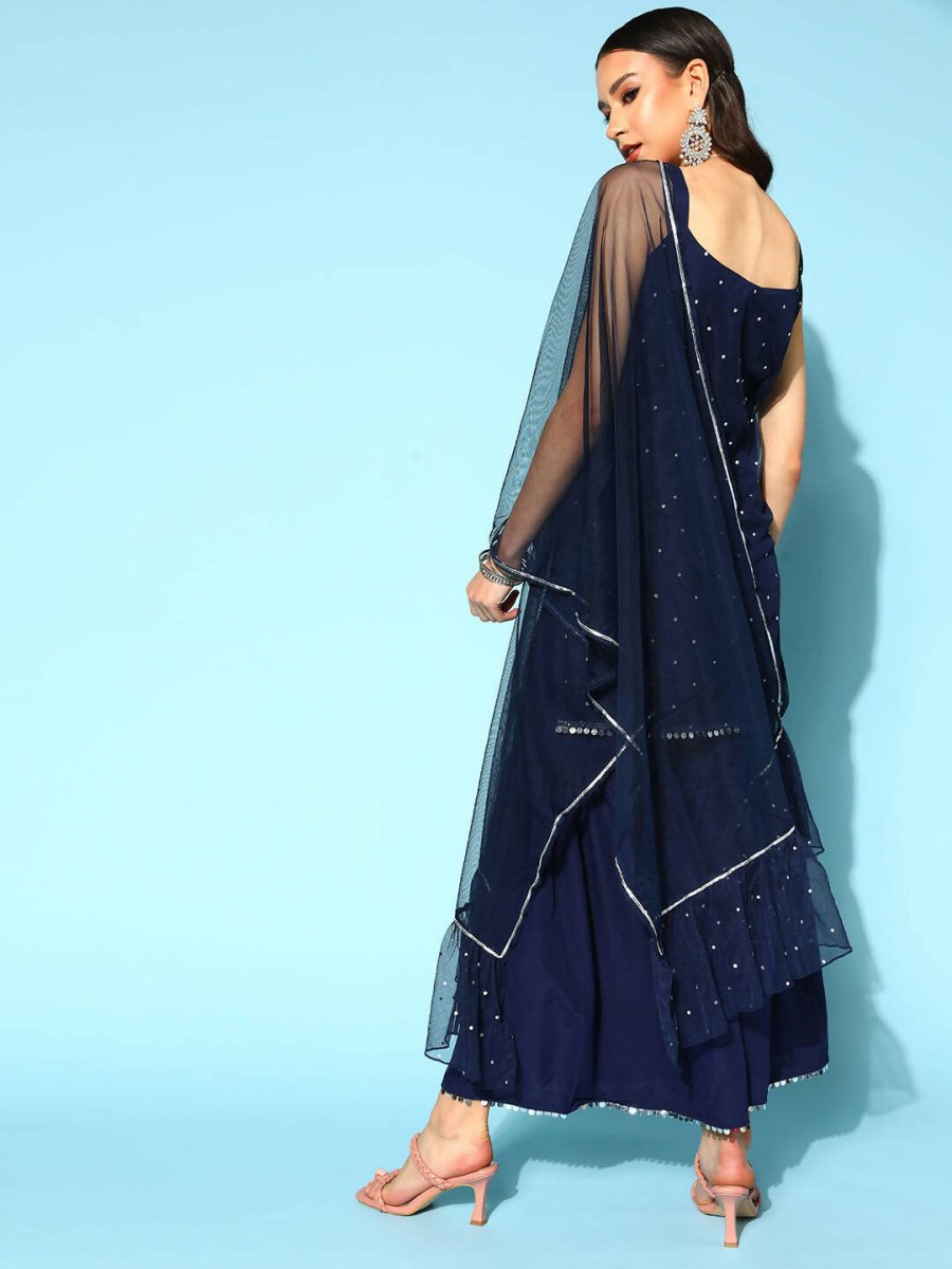 Ahalyaa Women Navy Blue Colour Crepe Foil Printed Kurta Sharara Set With Dupatta 