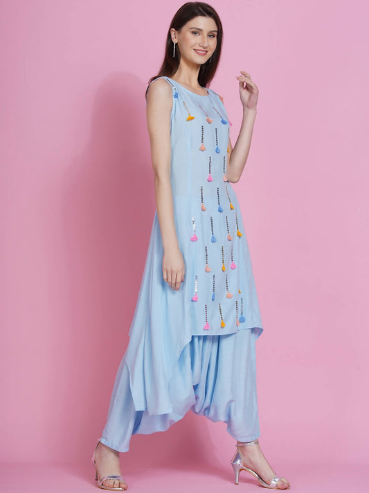 Women Republic Powder Blue Hand Embellished Kurta With Harem Pants - Grab2buy