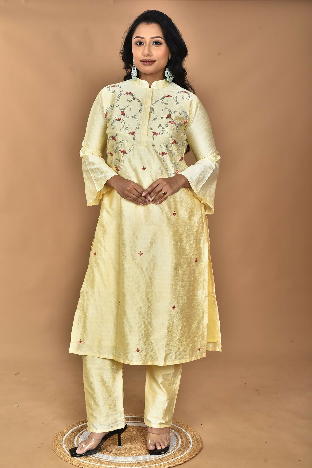 Morchari Women And Hand Embroidery Co-Ord Set-Lemon- Yellow 