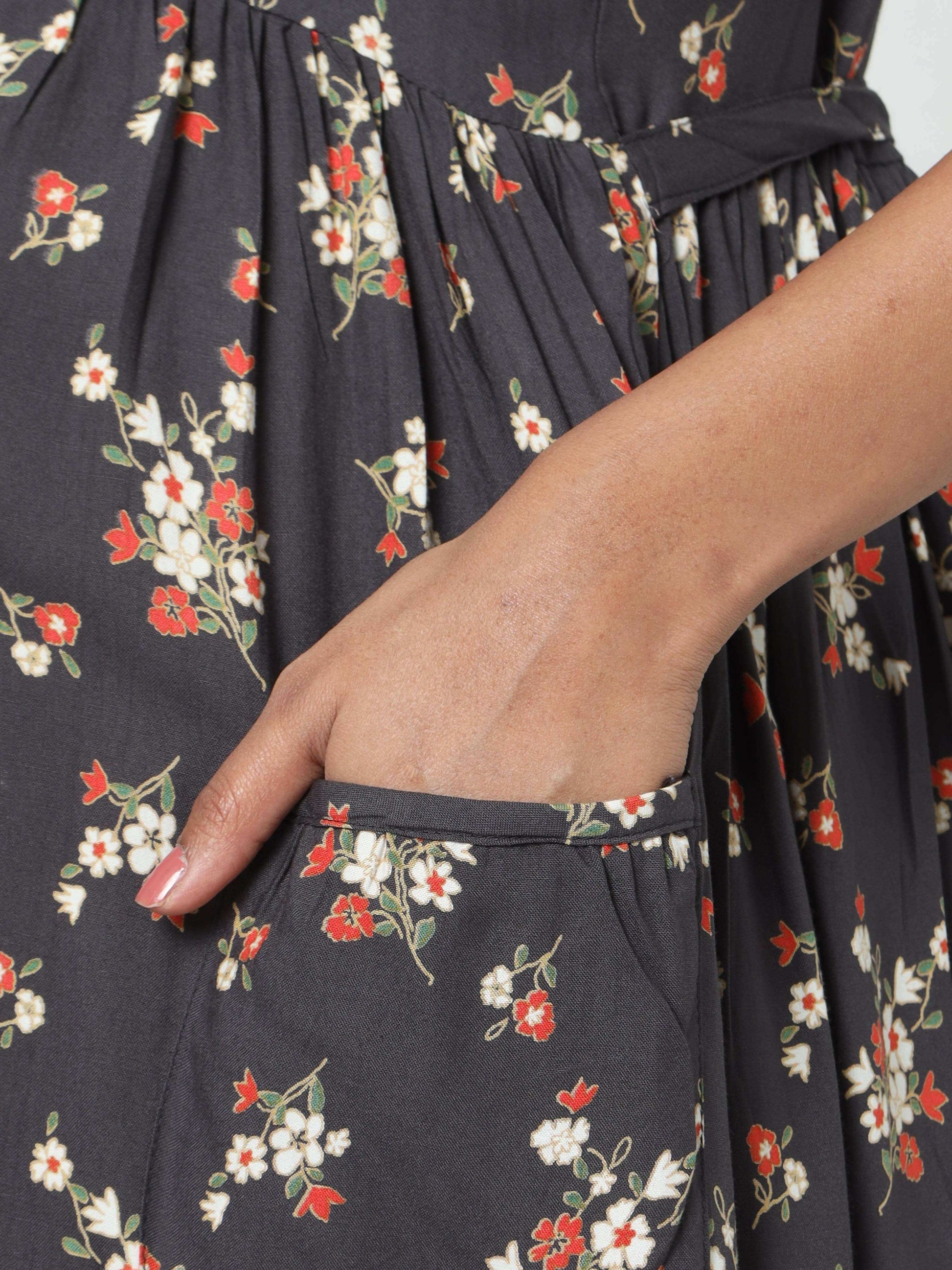 Manet Short Sleeves Maternity Dress Floral Print With Concealed Zipper Nursing Access - Navy Blue