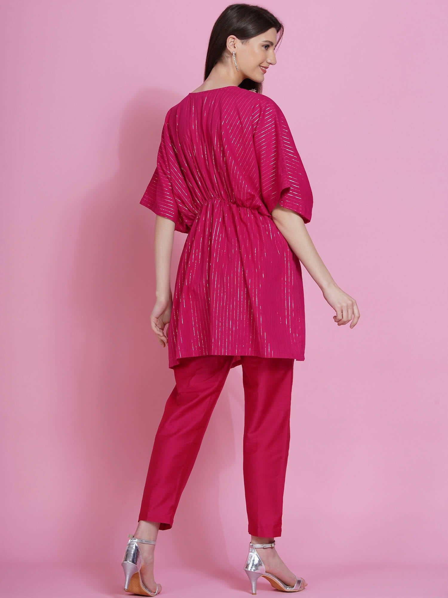 Women Republic Pink Lurex Cotton Kaftan Style Kurta With Pants - Grab2buy
