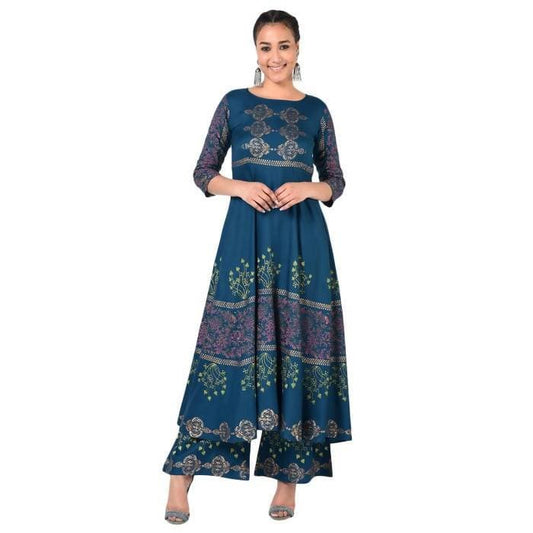 Aniyah Rayon Floral Print Flared Kurta Blue (AN-160K) | Grab2Buy