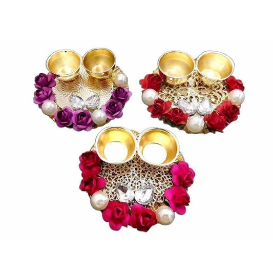 Fancy Haldi Kumkum Holders with Roses and Pearls - 1 Piece - Grab2buy