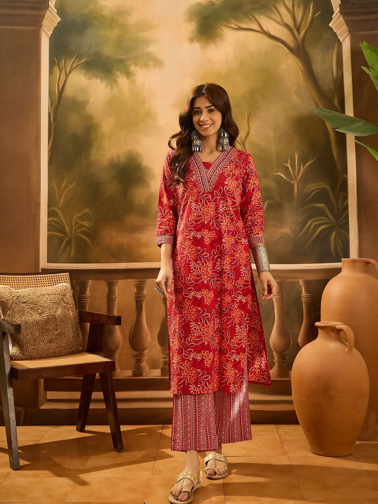 Joban Fashion Printed Red Pure Cotton Kurta Set