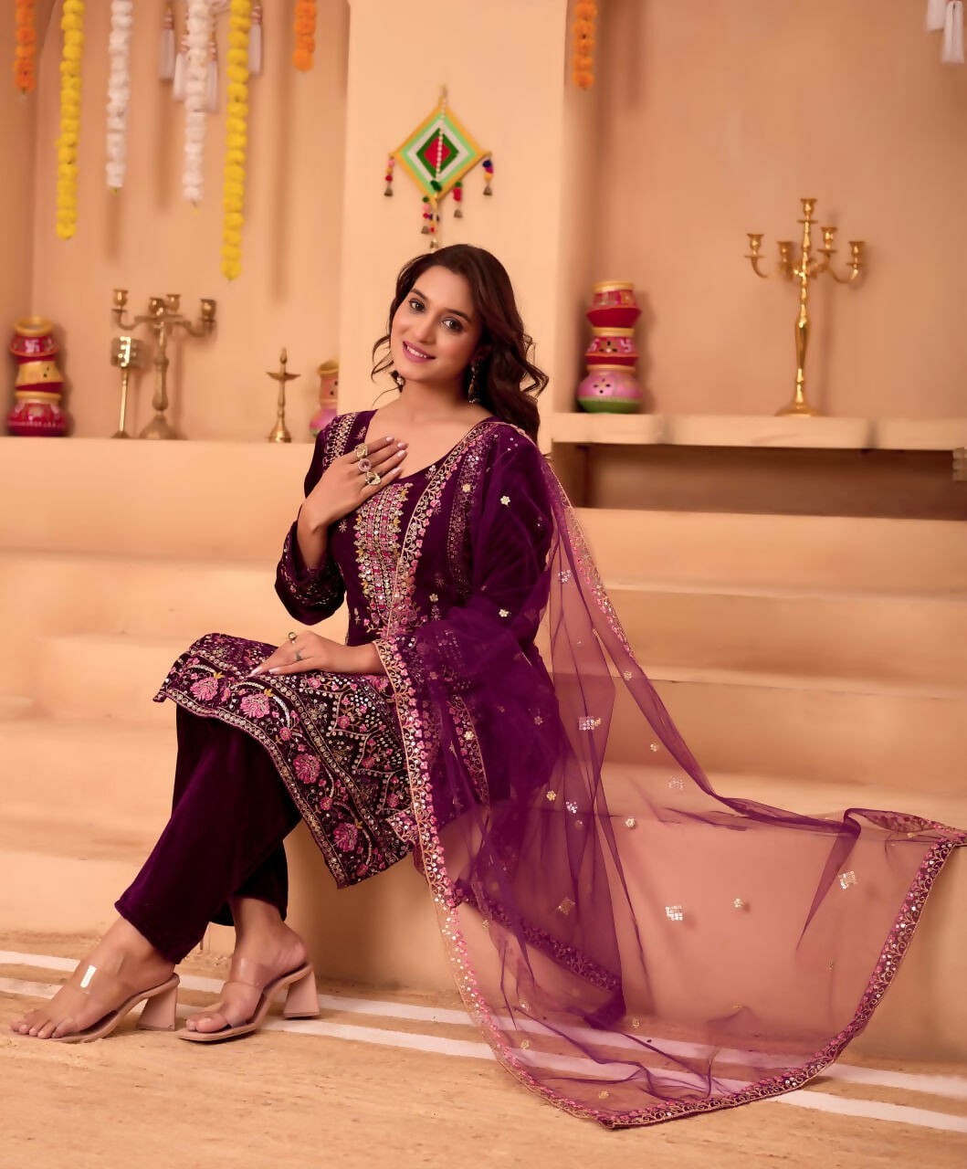 Joban Fashion Purple Velvet Embroidery Sequence Work Readymade Kurta Set