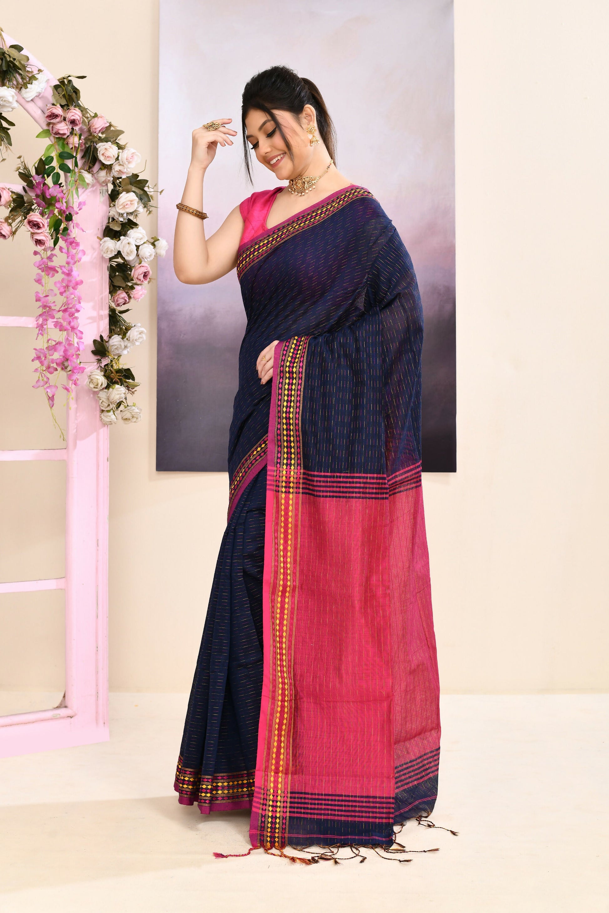 Piyari Fashion Women's Navy Blue Embellished Cotton Blend Jamdani Saree
