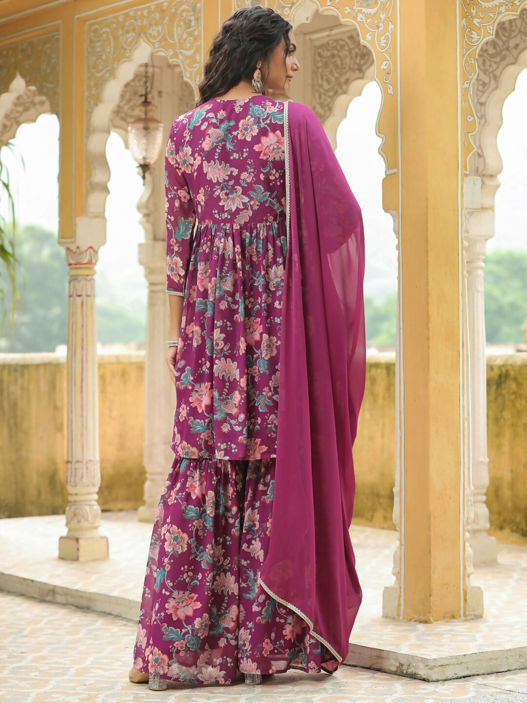 Janasya Purple Georgette Floral Kurta,Bottom & Dupatta 