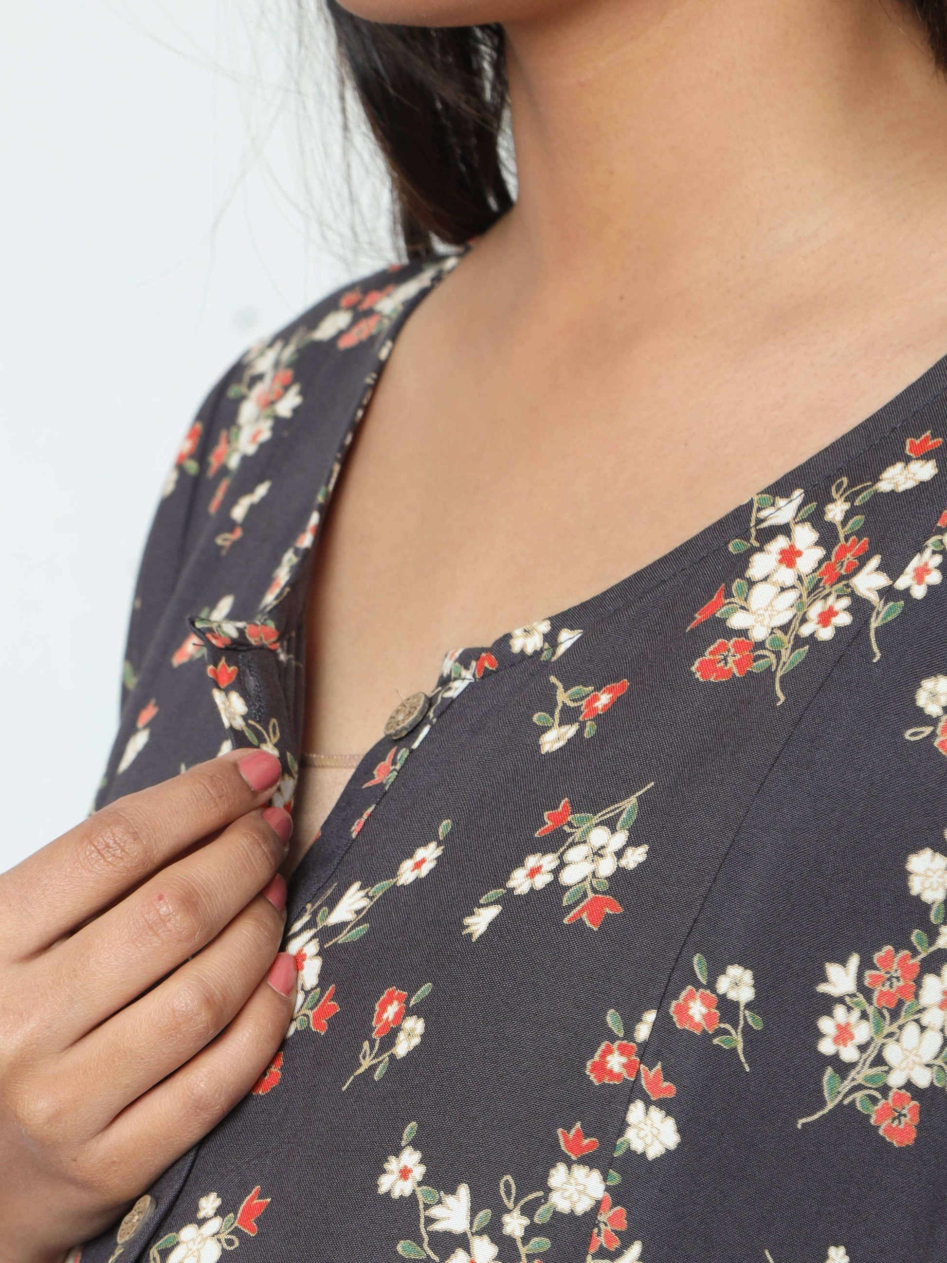 Manet Short Sleeves Maternity Dress Floral Print With Concealed Zipper Nursing Access - Navy Blue
