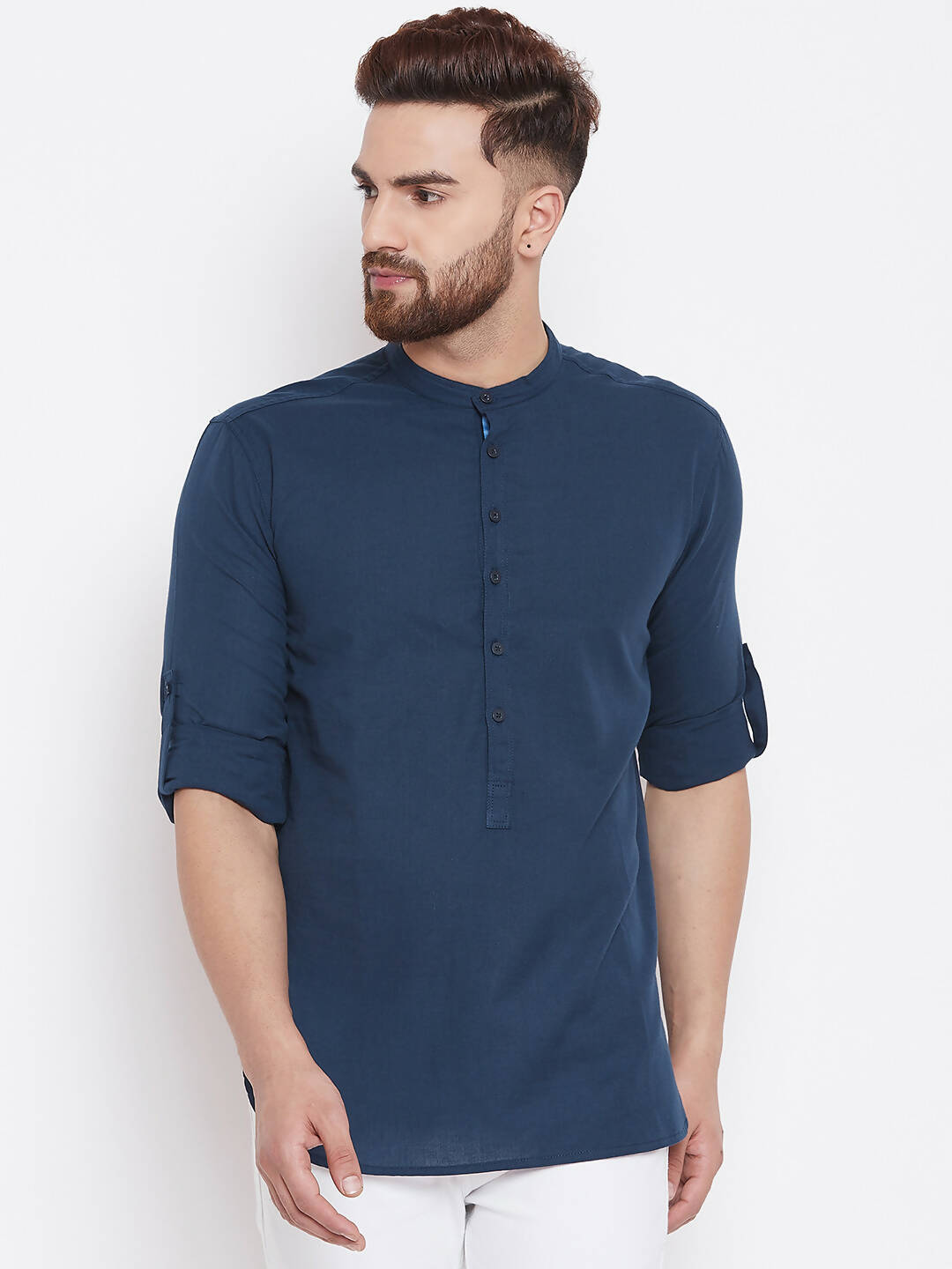 Even Apparels Blue Color Men's Pure Cotton Kurta With Band Collar 