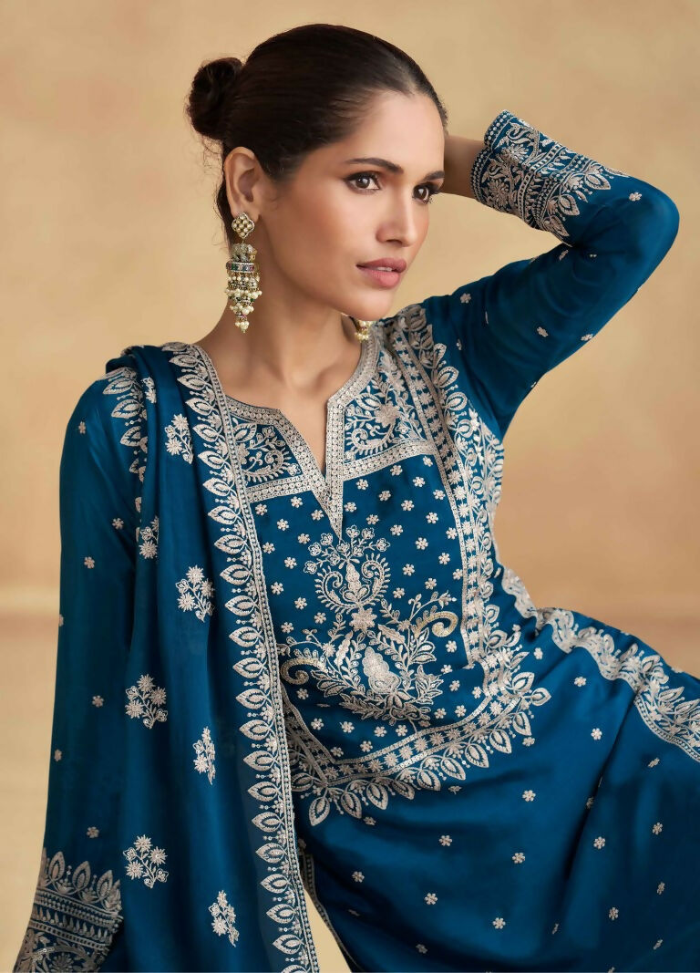 Vastranavya Teal Chinon Silk Embroidered Sequins Pakistani Straight Plaazo Suit  Grab2Buy Vastranavya Grab2Buy