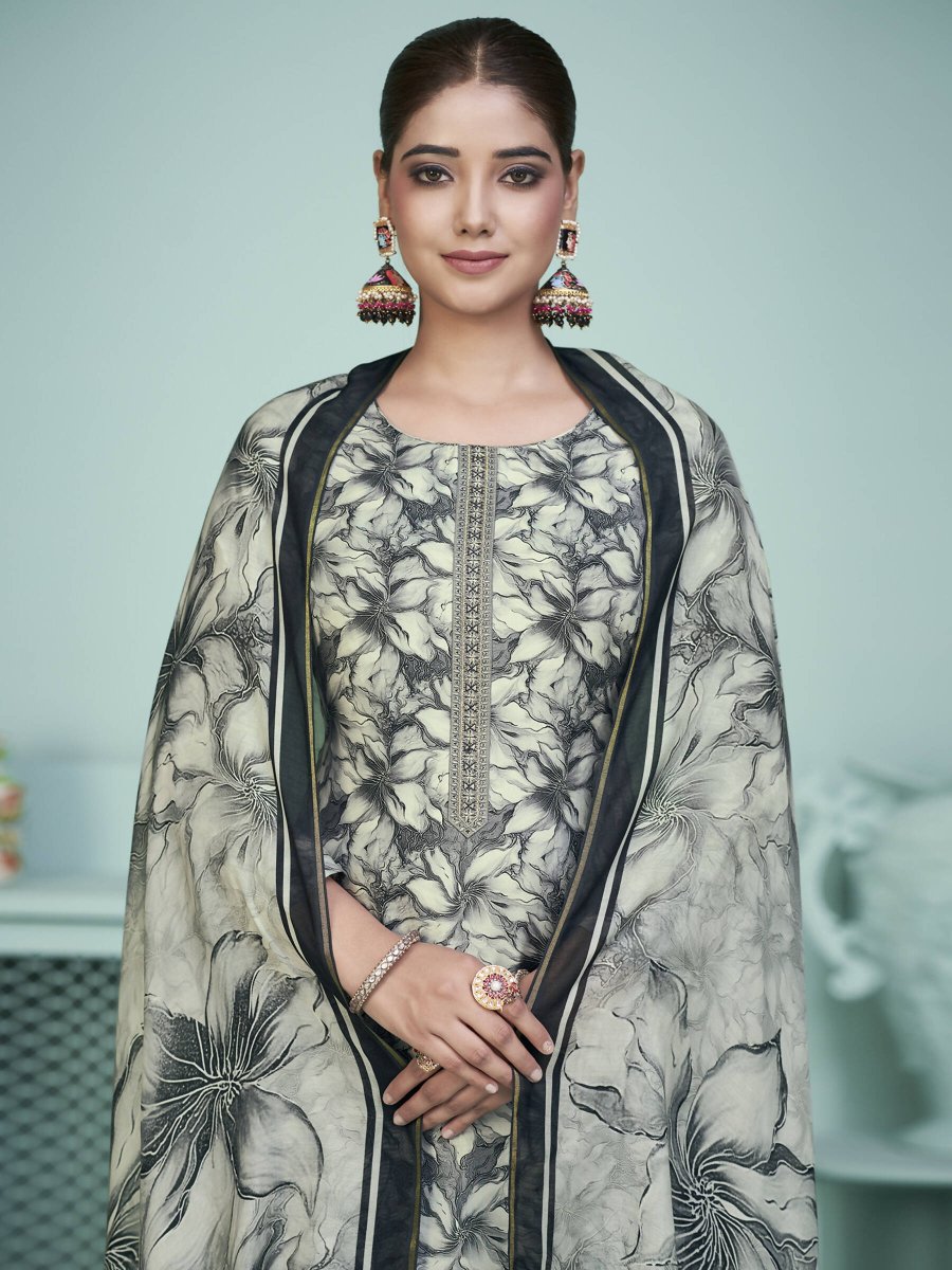 Aastha Fashion Women's Grey Muslin Digital Print with Resham Thread work Kurta with Trouser & Dupatta - Grab2buy