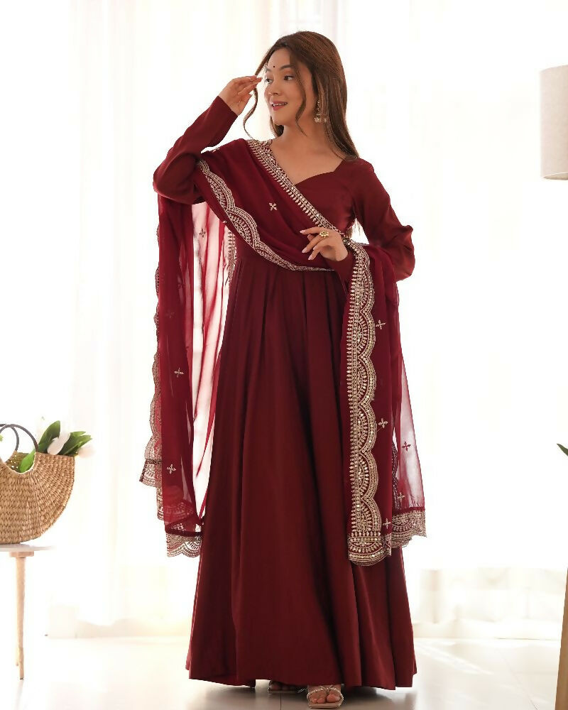 Joban Fashion Maroon Kurta Set Chanderi Sequence Embroidery Work 