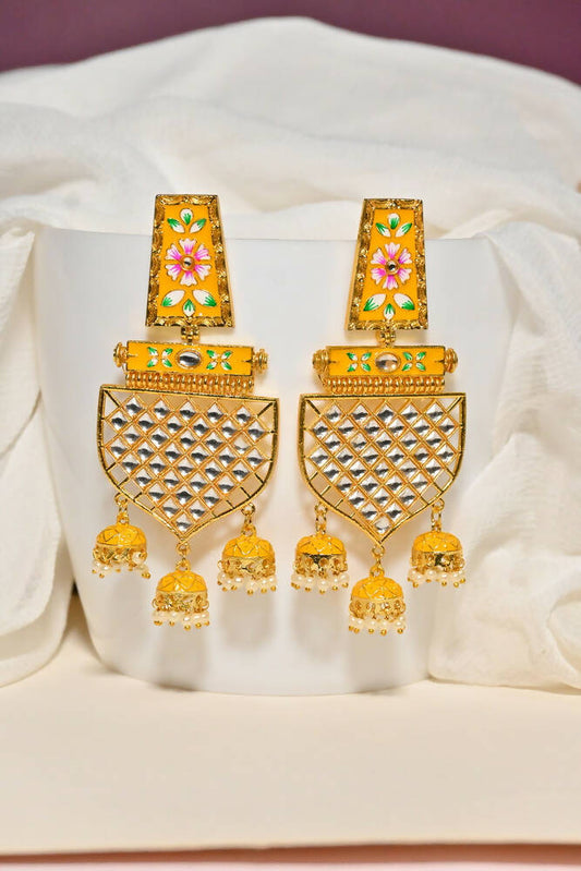 Traditional Gold-Plated Meenakari Yellow Jhumka Jhumki Earrings By House of Ree - Grab2buy