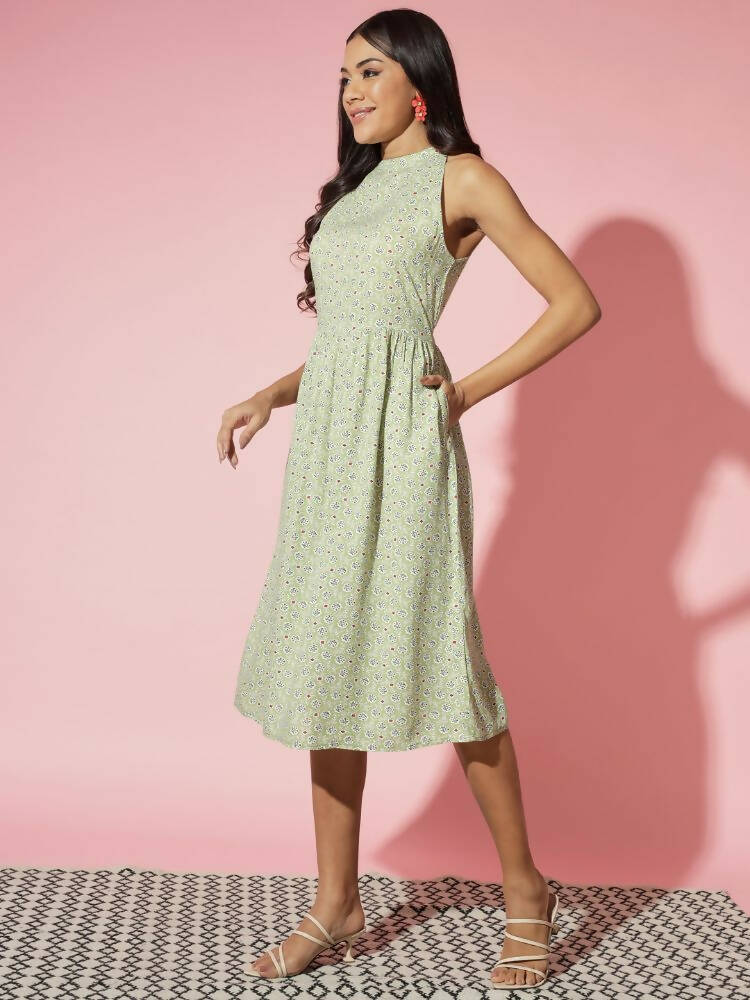 Myshka Women Green Ethnic Motifs Rayon A-Line Round Neck Dress