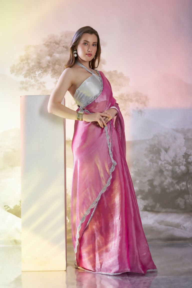 Pink Burberry Organza Solid Fancy Designer Saree - Nafisa