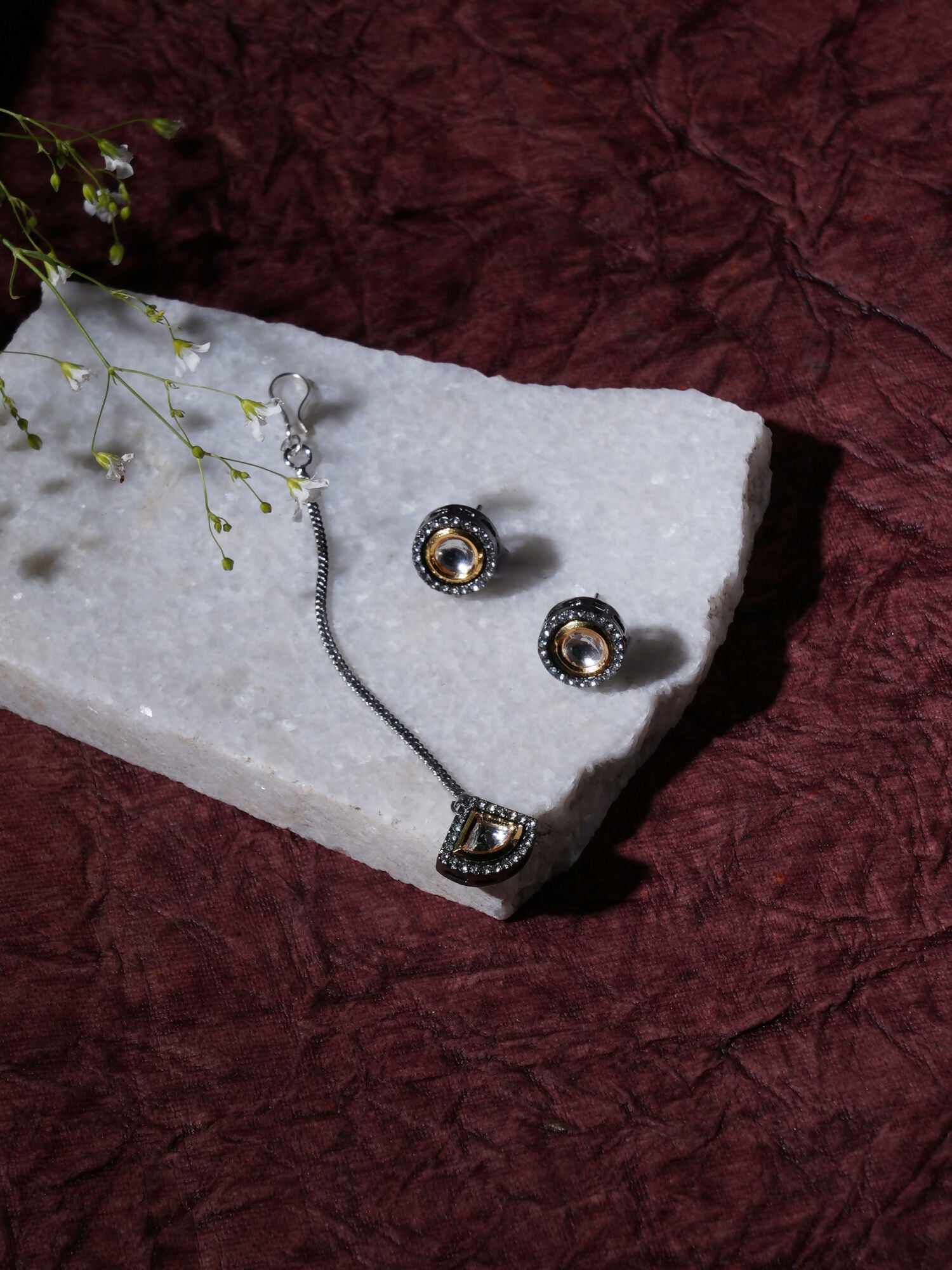 Dual Tone Kundan Maang Tikka with Earrings Jewellery Set (silver) - Ruby Raang - Grab2buy