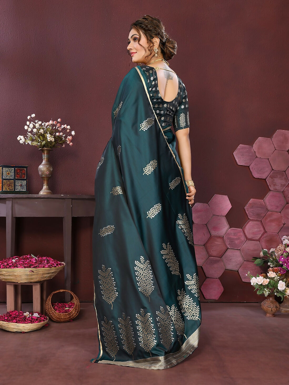 Joban Fashion Teal Floral Motifs Banarasi Silk Sarees 