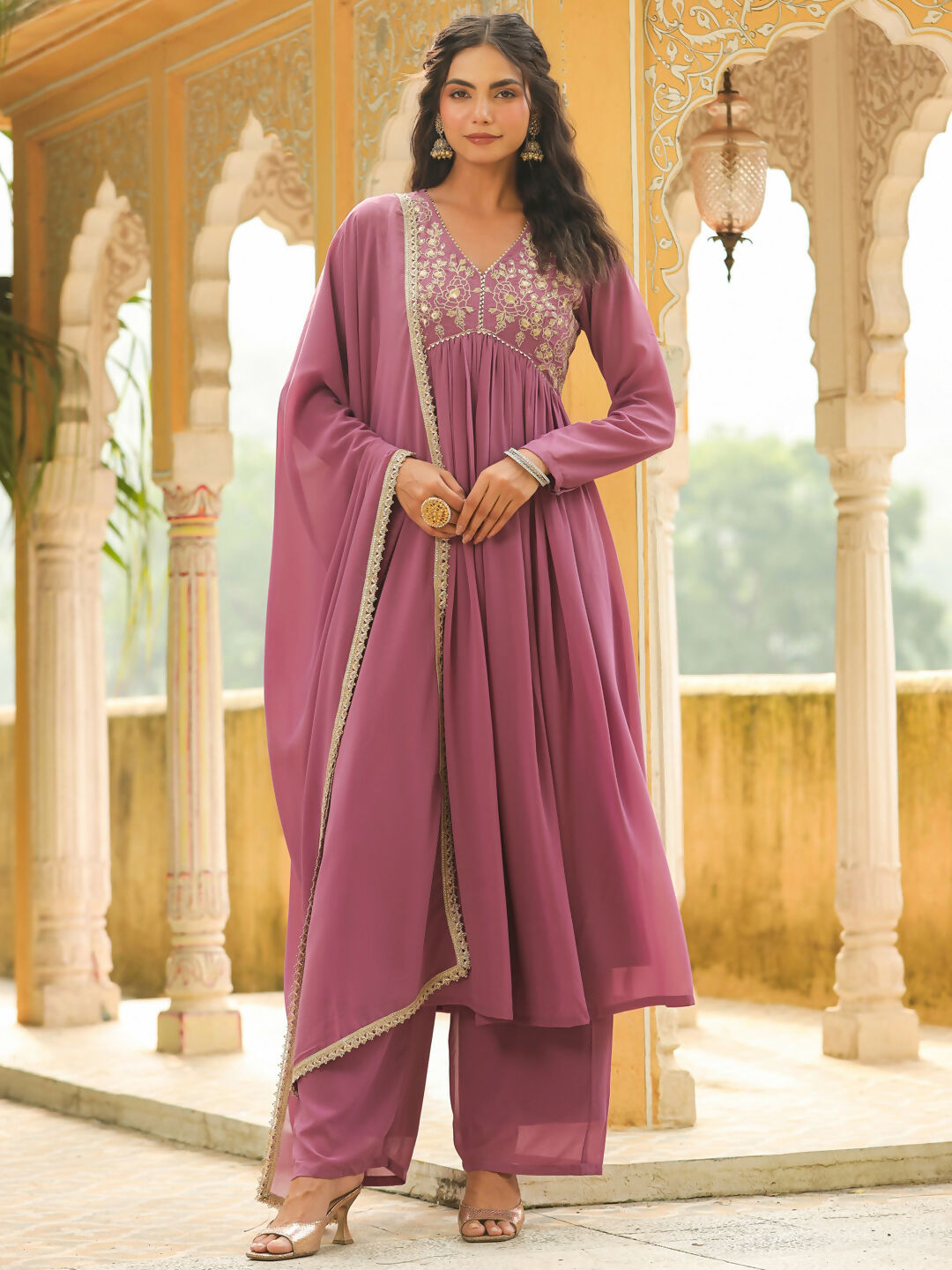 Janasya Lavender Georgette Yoke Embroidery Kurta,Bottom & Dupatta 