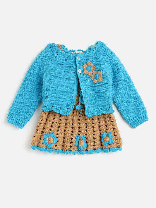 Chutput Kids Woollen Hand Knitted Full Sleeves Cardigan With Short Sleeves Flower Work Dress For Baby Girls - Blue