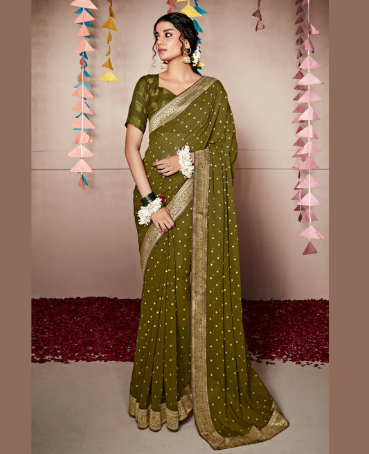 Green Georgette Foil Printed Saree With Unstitched Blouse Piece - Nitya