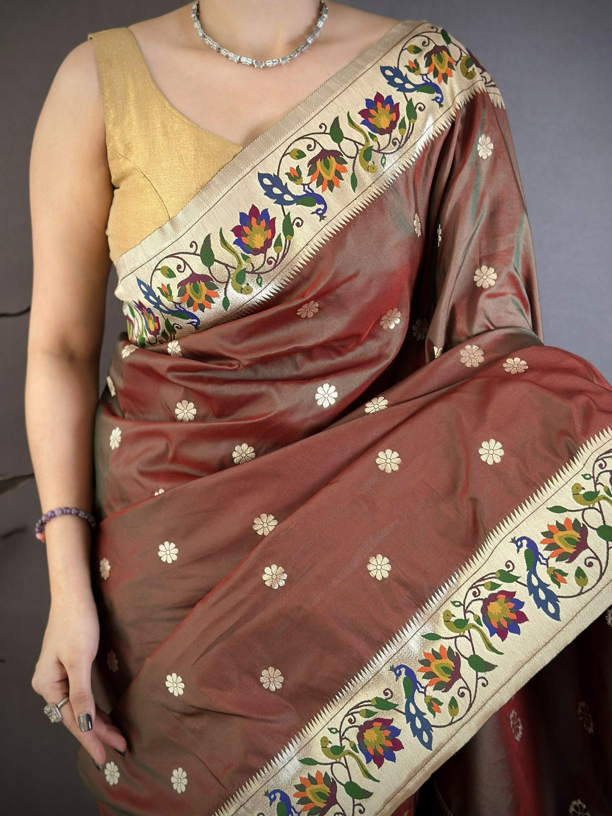 Prime Volt Premium Soft Silk Mayur Paithani Saree with Peacock Meena Weaving & Rich Pallu-Brown