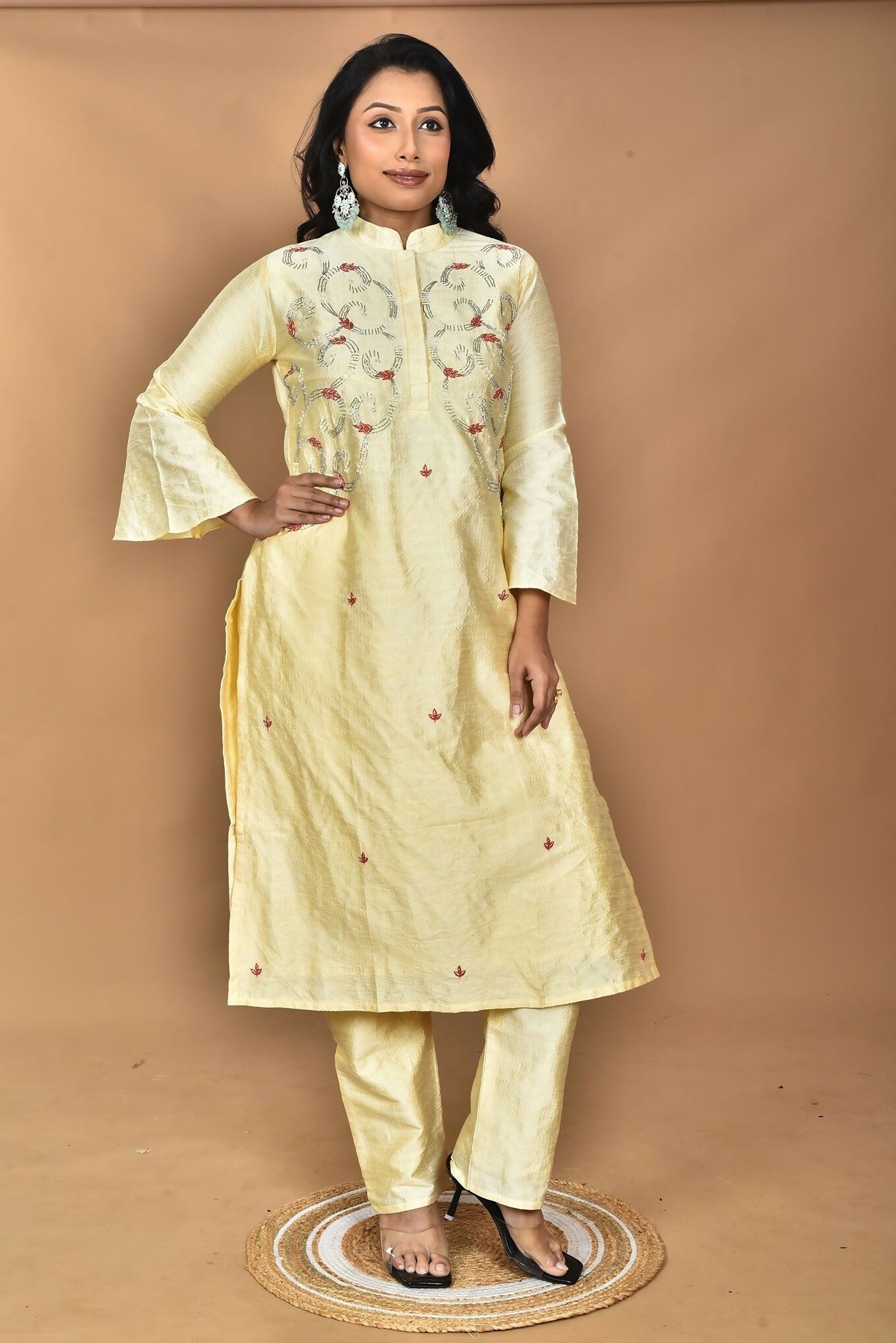 Morchari Women And Hand Embroidery Co-Ord Set-Lemon- Yellow 